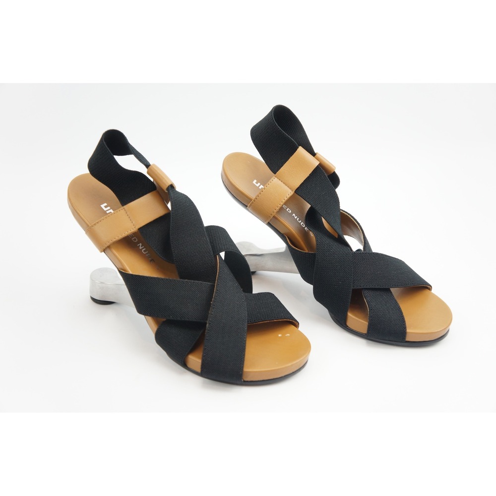 United Nude Eamz Sandals Black Tan Elastic Leather Architectural Heel Good‎